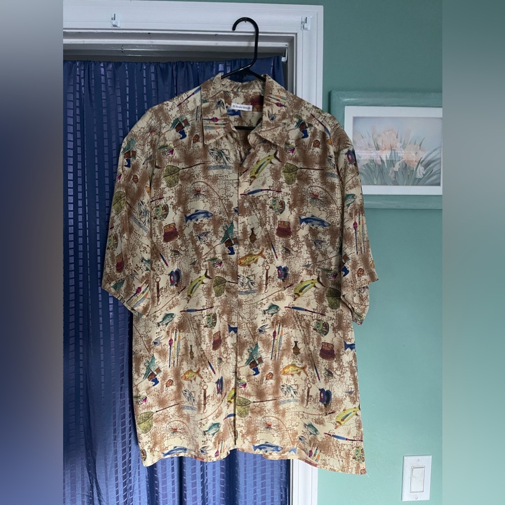 Burma Bibas vintage 100% silk shirt Large Fishing